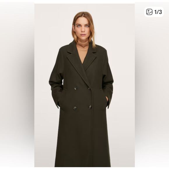 Mango Double Breasted Olive Green Long Wool Coat Small - Picture 1 of 11